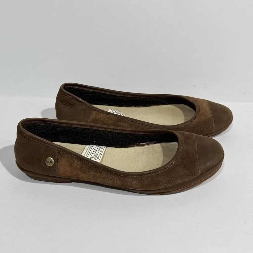 Women’s UGG Shoes Ballet Flats Brown Leather Sheepskin Size 5 - Picture 2 of 16